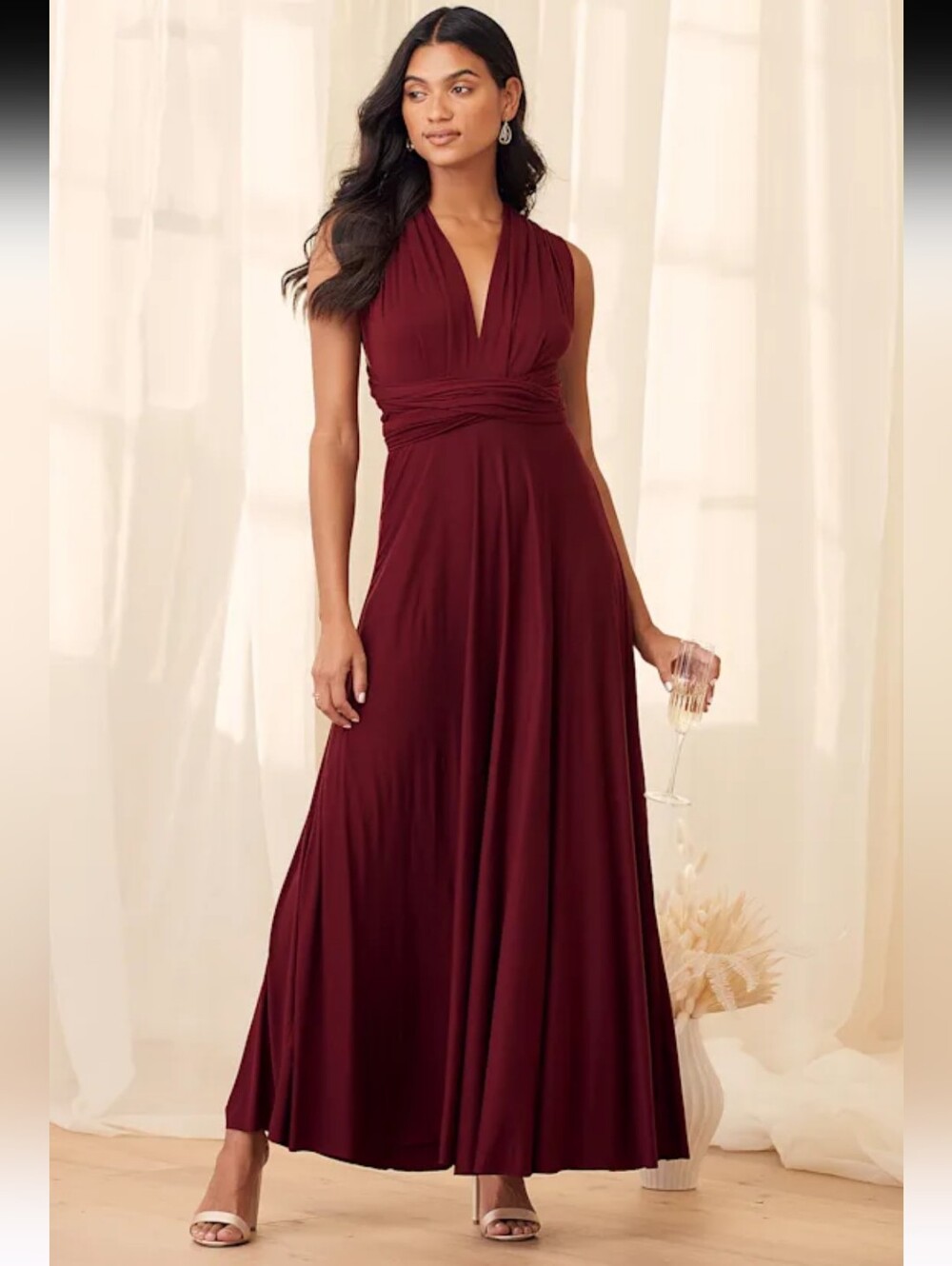 Lulu's Tricks Of The Trade Burgundy Multiway Halter Maxi Gown Size S